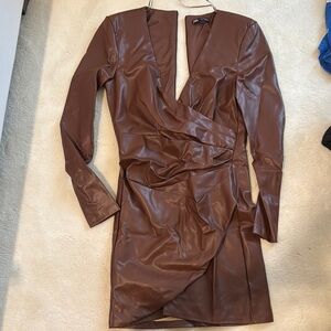 Zara Brown Long Sleeve Plunge Bodycon Dress